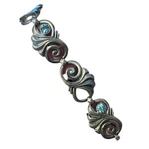 Art Deco Sterling Silver wRe Openwork Fold Over Clasp Bracelet Blue Rhinestone